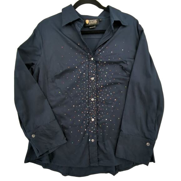 Christine Alexander Top Womens Large Navy Swarovski Crystal Button Up Bling - Picture 1 of 6
